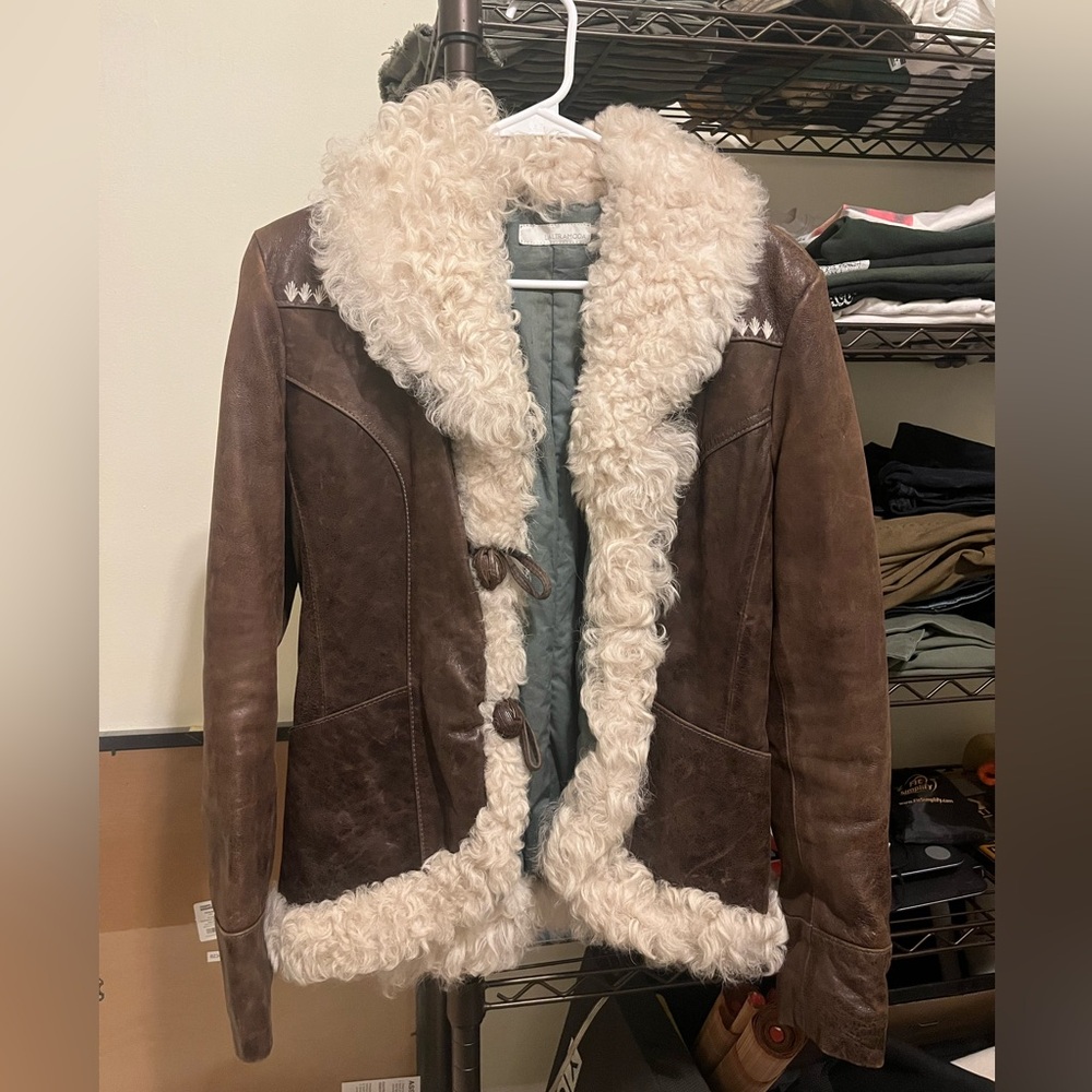 Vintage Genuine Leather Jacket w/ Shearling Fur Trim Penny Lane Made in Italy